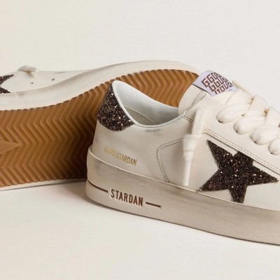 Golden Goose Stardan Sneaker In White Leather With Brown Glitter Star And Heel Tab Golden Goose Stardan Sneaker In White Leather With Brown Glitter Star And Heel Tab