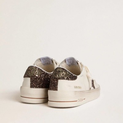 Golden Goose Stardan Sneaker In White Leather With Brown Glitter Star And Heel Tab Golden Goose Stardan Sneaker In White Leather With Brown Glitter Star And Heel Tab