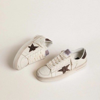 Golden Goose Stardan Sneaker In White Leather With Brown Glitter Star And Heel Tab
