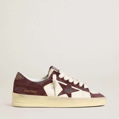 Golden Goose Stardan Sneaker In White Nappa With Burgundy Suede Star And Heel Tab Golden Goose Stardan Sneaker In White Nappa With Burgundy Suede Star And Heel Tab