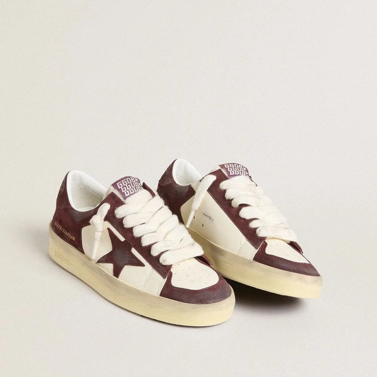 Golden Goose Stardan Sneaker In White Nappa With Burgundy Suede Star And Heel Tab Golden Goose Stardan Sneaker In White Nappa With Burgundy Suede Star And Heel Tab