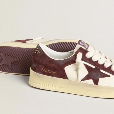 Golden Goose Stardan Sneaker In White Nappa With Burgundy Suede Star And Heel Tab Golden Goose Stardan Sneaker In White Nappa With Burgundy Suede Star And Heel Tab