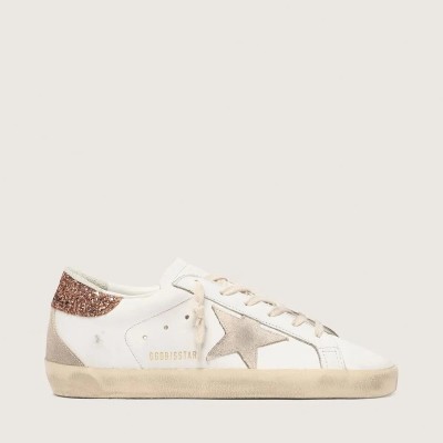 Golden Goose Super-Star Sneaker With A Suede Star And Peach-Pink Glitter Heel Tab Golden Goose Super-Star Sneaker With A Suede Star And Peach-Pink Glitter Heel Tab