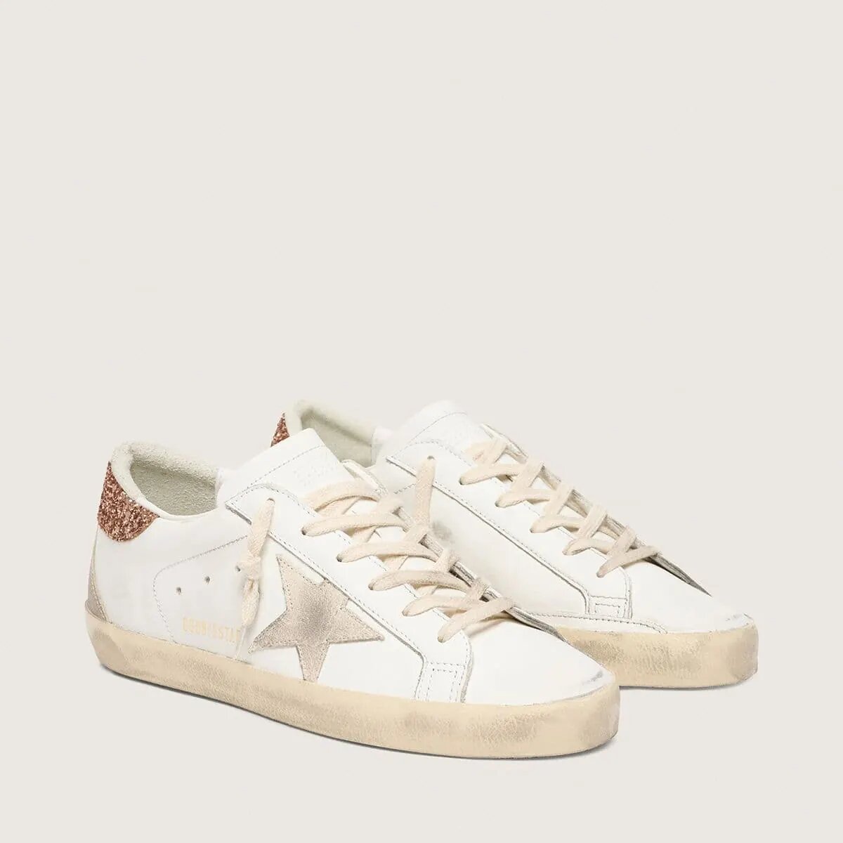 Golden Goose Super-Star Sneaker With A Suede Star And Peach-Pink Glitter Heel Tab Golden Goose Super-Star Sneaker With A Suede Star And Peach-Pink Glitter Heel Tab