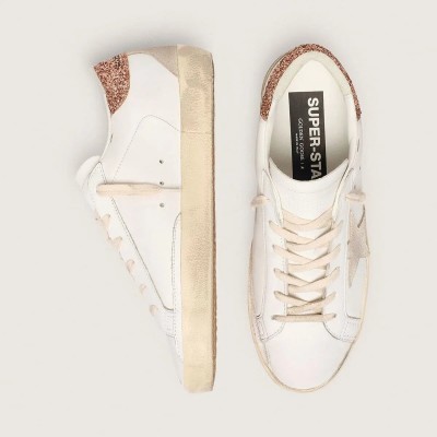 Golden Goose Super-Star Sneaker With A Suede Star And Peach-Pink Glitter Heel Tab Golden Goose Super-Star Sneaker With A Suede Star And Peach-Pink Glitter Heel Tab
