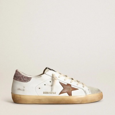 Golden Goose Super-Star Sneaker With A Tan Star And Pink Glitter Heel Tab