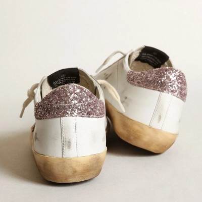 Golden Goose Super-Star Sneaker With A Tan Star And Pink Glitter Heel Tab
