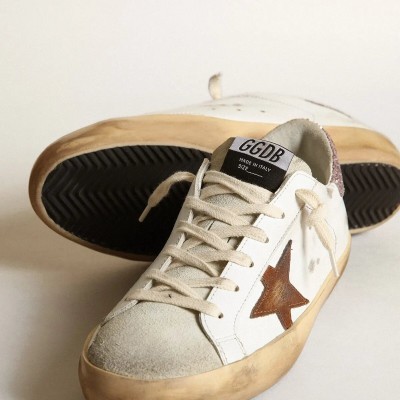 Golden Goose Super-Star Sneaker With A Tan Star And Pink Glitter Heel Tab