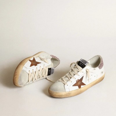 Golden Goose Super-Star Sneaker With A Tan Star And Pink Glitter Heel Tab
