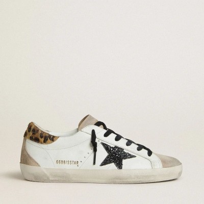 Golden Goose Super-Star Sneaker With Black Glitter Star And Leopard-Print Pony Skin Heel Tab Golden Goose Super-Star Sneaker With Black Glitter Star And Leopard-Print Pony Skin Heel Tab