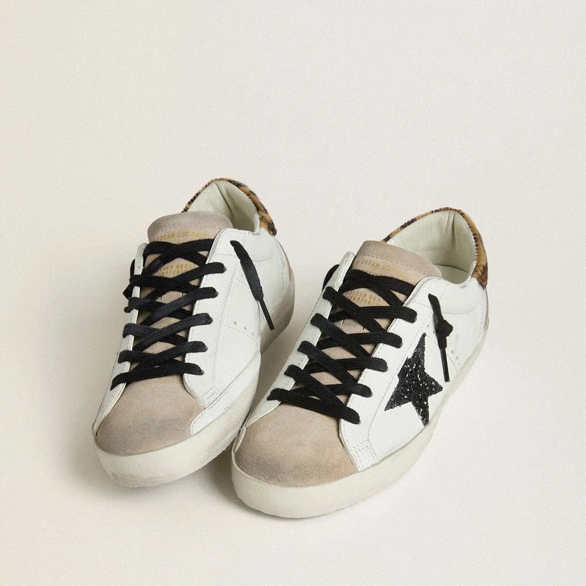 Golden Goose Super-Star Sneaker With Black Glitter Star And Leopard-Print Pony Skin Heel Tab Golden Goose Super-Star Sneaker With Black Glitter Star And Leopard-Print Pony Skin Heel Tab