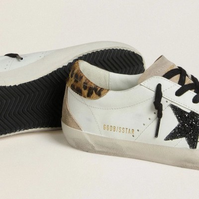 Golden Goose Super-Star Sneaker With Black Glitter Star And Leopard-Print Pony Skin Heel Tab Golden Goose Super-Star Sneaker With Black Glitter Star And Leopard-Print Pony Skin Heel Tab