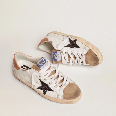 Golden Goose Super-Star Sneaker With Black Glitter Star And Pink Heel Tab Golden Goose Super-Star Sneaker With Black Glitter Star And Pink Heel Tab