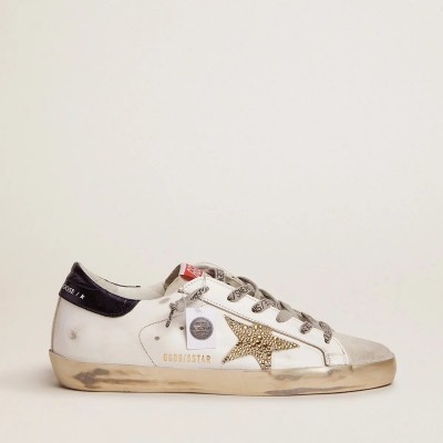 Golden Goose Super-Star Sneaker With Blue Heel Tab And Swarovski Crystal Star Golden Goose Super-Star Sneaker With Blue Heel Tab And Swarovski Crystal Star