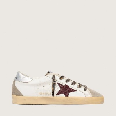 Golden Goose Super-Star Sneaker With Burgundy Glitter Star And Silver Heel Tab