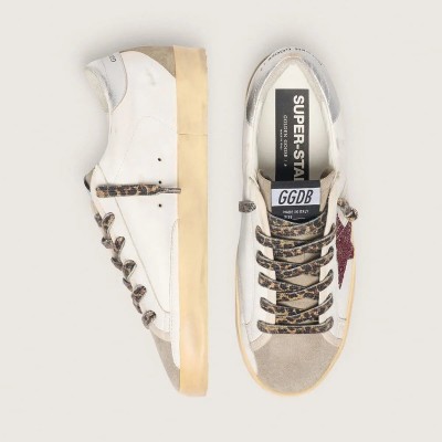Golden Goose Super-Star Sneaker With Burgundy Glitter Star And Silver Heel Tab