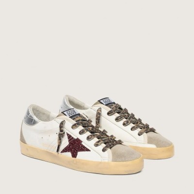 Golden Goose Super-Star Sneaker With Burgundy Glitter Star And Silver Heel Tab Golden Goose Super-Star Sneaker With Burgundy Glitter Star And Silver Heel Tab