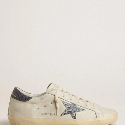 Golden Goose Super-Star Sneaker With Cream-Colored Leather Star Sneaker With Swarovski Crystals And Blue Leather Heel Tab With Lizard Print Golden Goose Super-Star Sneaker With Cream-Colored Leather Star Sneaker With Swarovski Crystals And Blue Leather Heel Tab With Lizard Print