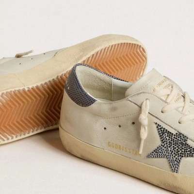 Golden Goose Super-Star Sneaker With Cream-Colored Leather Star Sneaker With Swarovski Crystals And Blue Leather Heel Tab With Lizard Print Golden Goose Super-Star Sneaker With Cream-Colored Leather Star Sneaker With Swarovski Crystals And Blue Leather Heel Tab With Lizard Print