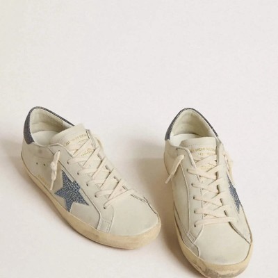 Golden Goose Super-Star Sneaker With Cream-Colored Leather Star Sneaker With Swarovski Crystals And Blue Leather Heel Tab With Lizard Print Golden Goose Super-Star Sneaker With Cream-Colored Leather Star Sneaker With Swarovski Crystals And Blue Leather Heel Tab With Lizard Print
