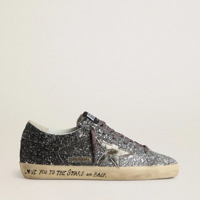 Golden Goose Super Star Sneaker With Glitter Upper And Silver Metallic Leather Star Golden Goose Super Star Sneaker With Glitter Upper And Silver Metallic Leather Star