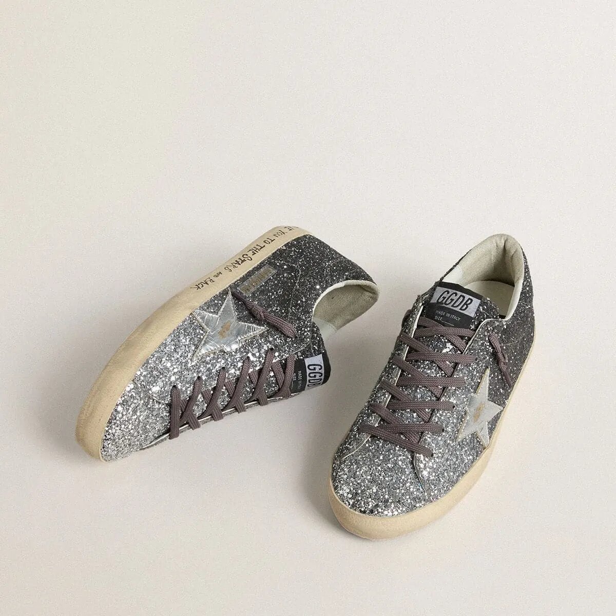 Golden Goose Super Star Sneaker With Glitter Upper And Silver Metallic Leather Star Golden Goose Super Star Sneaker With Glitter Upper And Silver Metallic Leather Star