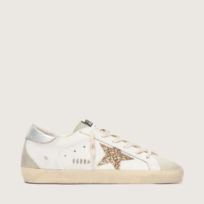 Golden Goose Super-Star Sneaker With Gold Glitter Star And Ice-Gray Suede Inserts
