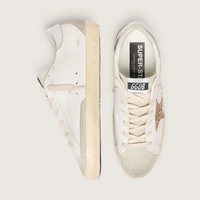 Golden Goose Super-Star Sneaker With Gold Glitter Star And Ice-Gray Suede Inserts
