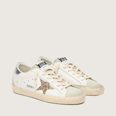 Golden Goose Super-Star Sneaker With Gold Glitter Star And Ice-Gray Suede Inserts Golden Goose Super-Star Sneaker With Gold Glitter Star And Ice-Gray Suede Inserts