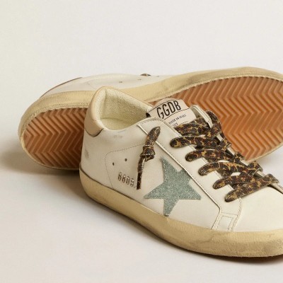 Golden Goose Super-Star Sneaker With Gray Glitter Star And Nude Leather Heel Tab Golden Goose Super-Star Sneaker With Gray Glitter Star And Nude Leather Heel Tab