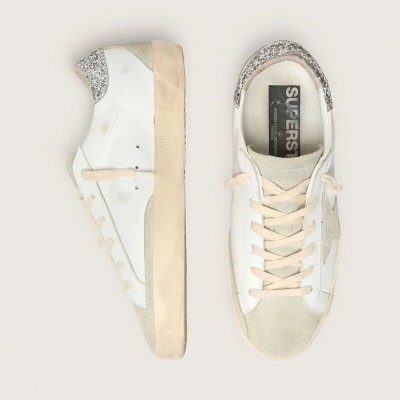Golden Goose Super-Star Sneaker With Gray Star And Silver Glitter Heel Tab Golden Goose Super-Star Sneaker With Gray Star And Silver Glitter Heel Tab