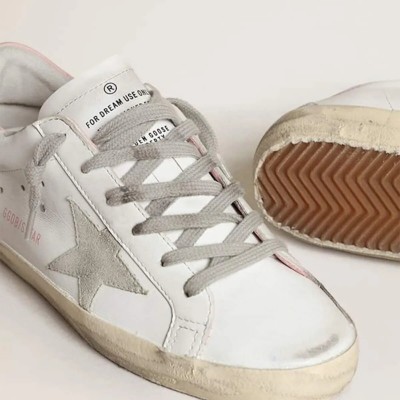 Golden Goose Super-Star Sneaker With Gray Suede Star And Pink Leather Heel Tab Golden Goose Super-Star Sneaker With Gray Suede Star And Pink Leather Heel Tab