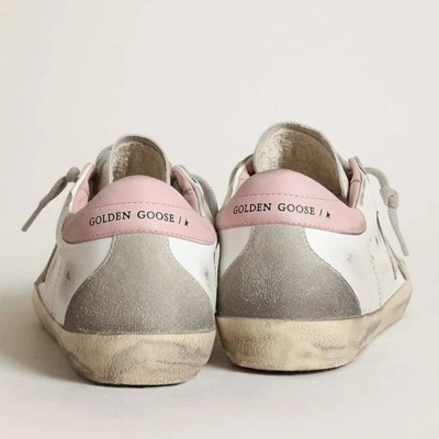 Golden Goose Super-Star Sneaker With Gray Suede Star And Pink Leather Heel Tab Golden Goose Super-Star Sneaker With Gray Suede Star And Pink Leather Heel Tab