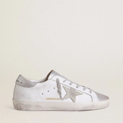 Golden Goose Super-Star Sneaker With Gray Suede Star And Silver Glitter Inserts Golden Goose Super-Star Sneaker With Gray Suede Star And Silver Glitter Inserts