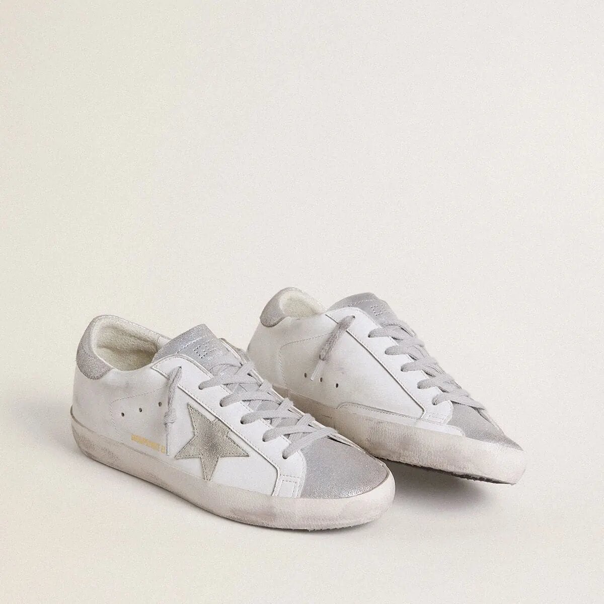 Golden Goose Super-Star Sneaker With Gray Suede Star And Silver Glitter Inserts Golden Goose Super-Star Sneaker With Gray Suede Star And Silver Glitter Inserts