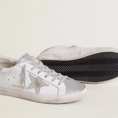 Golden Goose Super-Star Sneaker With Gray Suede Star And Silver Glitter Inserts Golden Goose Super-Star Sneaker With Gray Suede Star And Silver Glitter Inserts