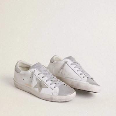 Golden Goose Super-Star Sneaker With Gray Suede Star And Silver Glitter Inserts Golden Goose Super-Star Sneaker With Gray Suede Star And Silver Glitter Inserts