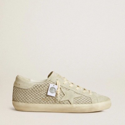 Golden Goose Super-Star Sneaker With Gray Suede Star And Swarovski Crystal Mesh Golden Goose Super-Star Sneaker With Gray Suede Star And Swarovski Crystal Mesh