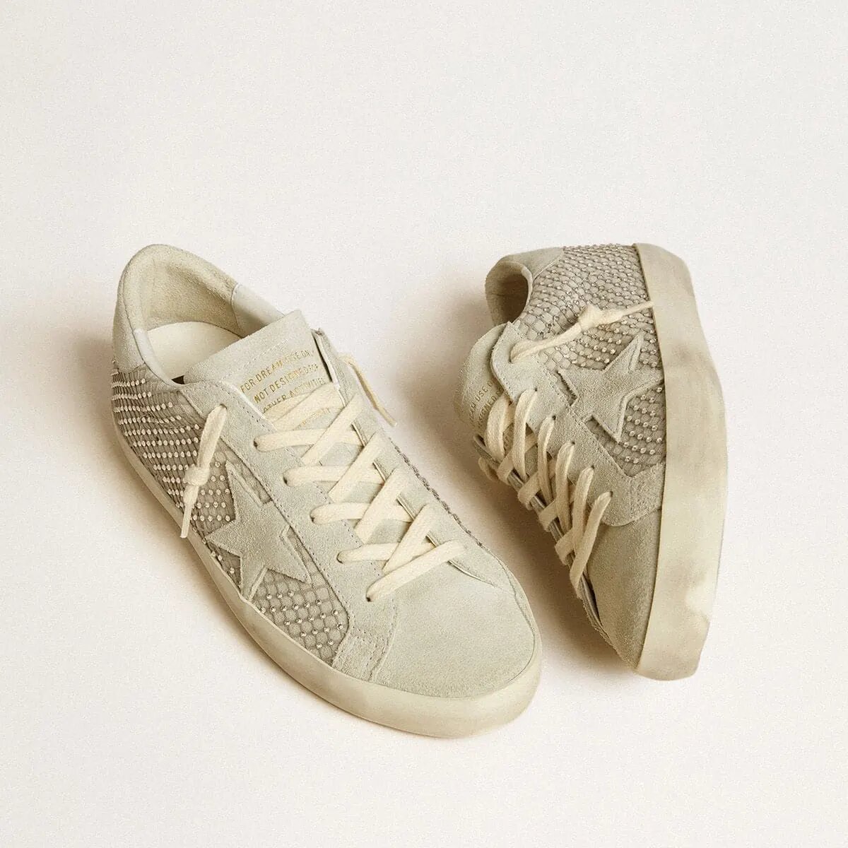 Golden Goose Super-Star Sneaker With Gray Suede Star And Swarovski Crystal Mesh Golden Goose Super-Star Sneaker With Gray Suede Star And Swarovski Crystal Mesh
