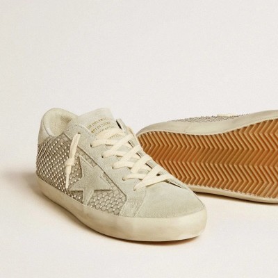 Golden Goose Super-Star Sneaker With Gray Suede Star And Swarovski Crystal Mesh Golden Goose Super-Star Sneaker With Gray Suede Star And Swarovski Crystal Mesh