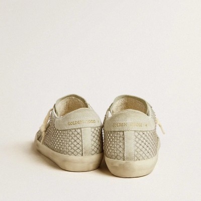 Golden Goose Super-Star Sneaker With Gray Suede Star And Swarovski Crystal Mesh Golden Goose Super-Star Sneaker With Gray Suede Star And Swarovski Crystal Mesh