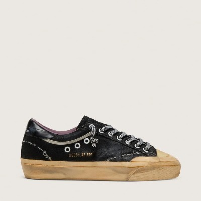 Golden Goose Super-Star Lab Sneaker In Black Laminated Suede And Nylon With Raised Star And Laces With Crystals Golden Goose Super-Star Lab Sneaker In Black Laminated Suede And Nylon With Raised Star And Laces With Crystals