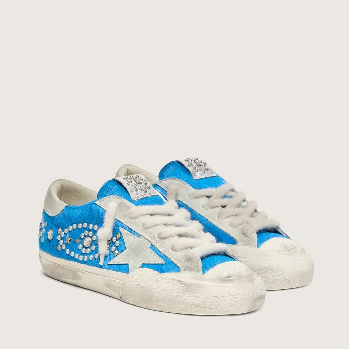 Golden Goose Super-Star Lab Sneaker In Bright Blue Pony Skin With Suede Star And Studs Golden Goose Super-Star Lab Sneaker In Bright Blue Pony Skin With Suede Star And Studs