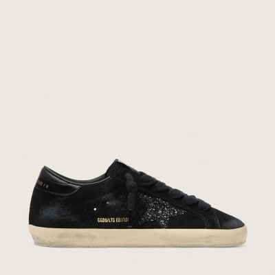 Golden Goose Super-Star Ltd Sneaker In Black Suede With Black Glitter Star And Black Leather Heel Tab Golden Goose Super-Star Ltd Sneaker In Black Suede With Black Glitter Star And Black Leather Heel Tab