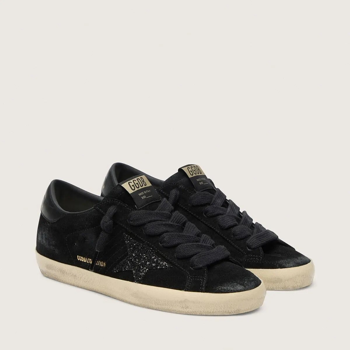 Golden Goose Super-Star Ltd Sneaker In Black Suede With Black Glitter Star And Black Leather Heel Tab Golden Goose Super-Star Ltd Sneaker In Black Suede With Black Glitter Star And Black Leather Heel Tab