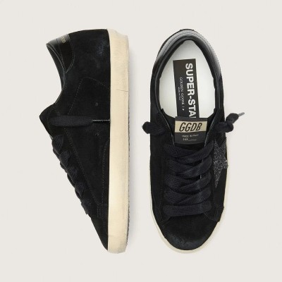 Golden Goose Super-Star Ltd Sneaker In Black Suede With Black Glitter Star And Black Leather Heel Tab Golden Goose Super-Star Ltd Sneaker In Black Suede With Black Glitter Star And Black Leather Heel Tab