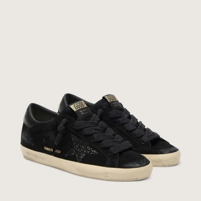 Golden Goose Super-Star Ltd Sneaker In Black Suede With Black Glitter Star And Black Leather Heel Tab