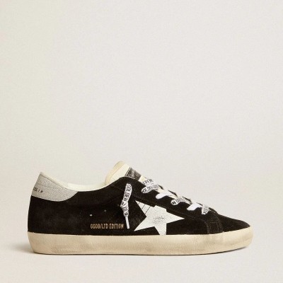 Golden Goose Super-Star Ltd Sneaker In Black Suede With White Printed Star And Silver Glitter Heel Tab Golden Goose Super-Star Ltd Sneaker In Black Suede With White Printed Star And Silver Glitter Heel Tab