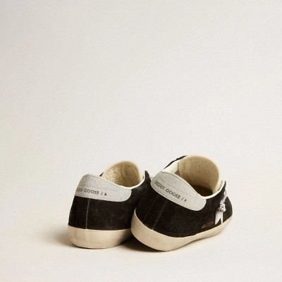 Golden Goose Super-Star Ltd Sneaker In Black Suede With White Printed Star And Silver Glitter Heel Tab Golden Goose Super-Star Ltd Sneaker In Black Suede With White Printed Star And Silver Glitter Heel Tab