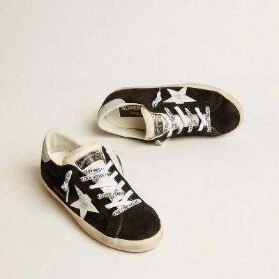 Golden Goose Super-Star Ltd Sneaker In Black Suede With White Printed Star And Silver Glitter Heel Tab